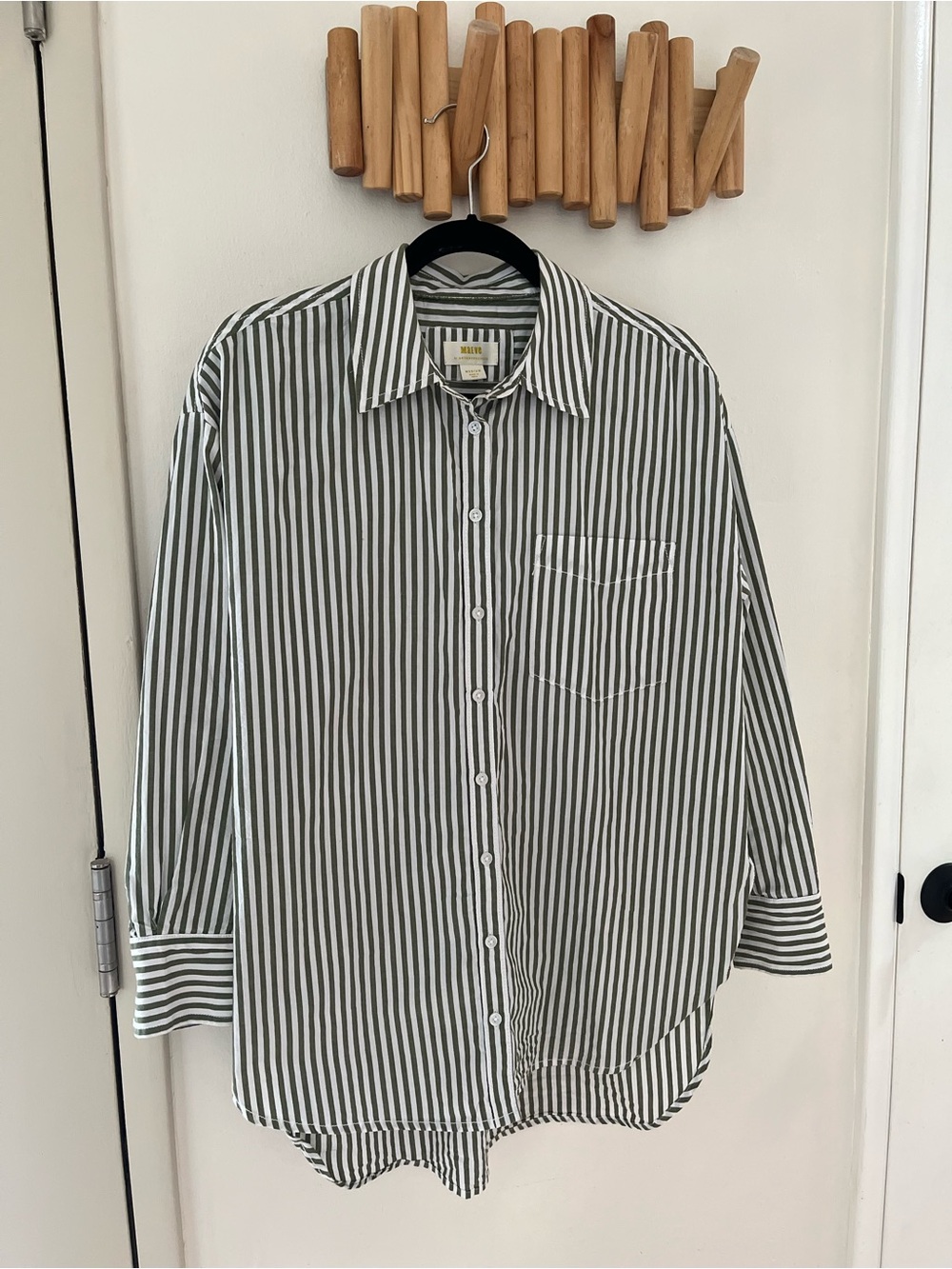 Anthropologie The Bennet Buttondown Green/White Striped Shirt Sz M